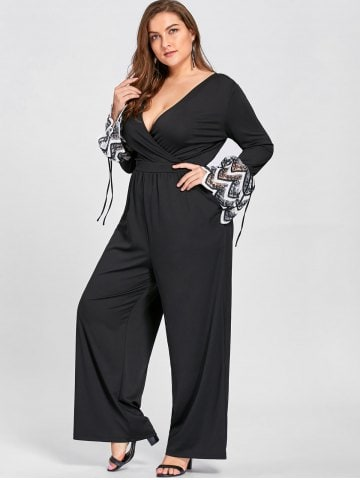 Plus Size Lace Cuff Plunging Jumpsuit - Black - 3xl