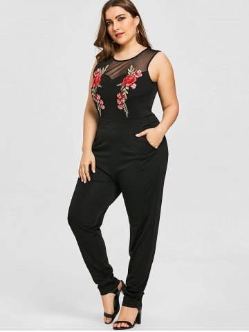 Plus Size Sleeveless Mesh Yoke Embroidery Jumpsuit - Black - 4xl