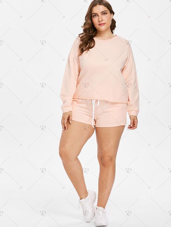 Plus Size Drop Shoulder Tee and Shorts Set - Orange Pink: